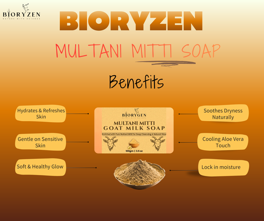 BioRyzen Multani Mitti Goat Milk Handmade Soap – 100g (Combo3+1 Free = 400gm) | Natural Clay & Milk Bathing Bar for Smooth & Radiant Skin (With Jute Bag)