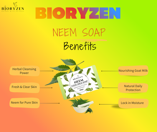 BioRyzen Neem Goat Milk Handmade Soap – 100g (Combo 3+1 Free = 400gm) | Herbal Antibacterial Ayurvedic Soap for Clear & Fresh Skin (With Jute Bag)