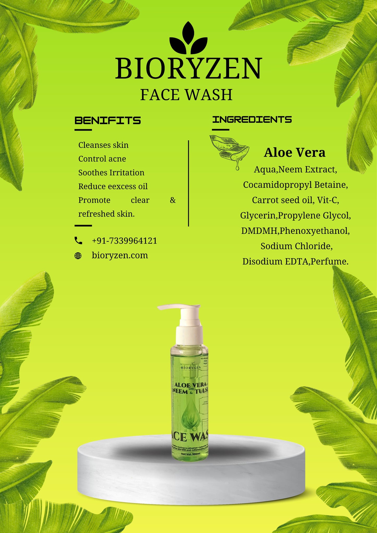 BioRyzen Aloe Vera, Neem & Tulsi Herbal Face Wash – 100ml | Natural Cleansing Face Wash for Clear & Fresh Skin
