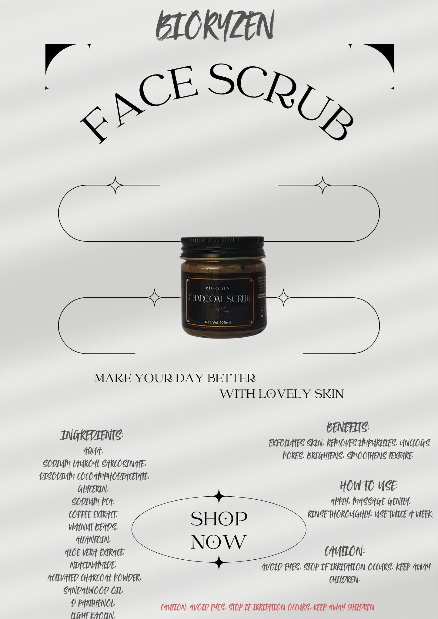 BioRyzen Charcoal Deep Cleansing Face & Body Scrub – 100ml | Detox & Purifying Skin Exfoliator for Fresh Look