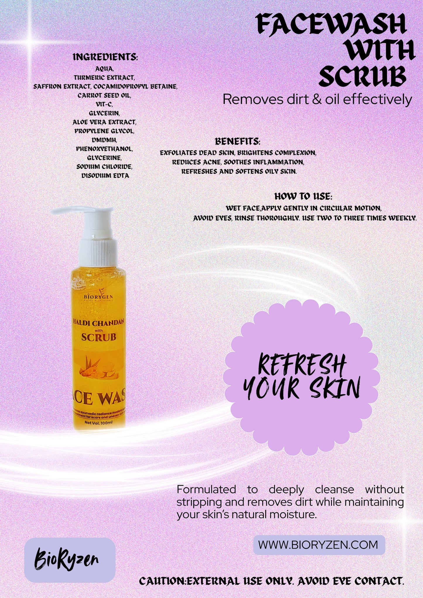 BioRyzen Haldi & Chandan Face Wash with Gentle Scrub – 100ml | Herbal Exfoliating Cleanser for Natural Glow