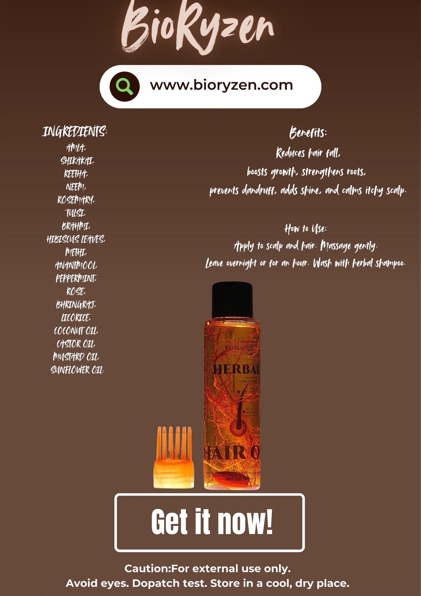 BioRyzen Ayurvedic Herbal Hair Oil with Visible Roots & Almonds – Deep Nourishment & Hair Growth (100ml, with Comb Applicator)