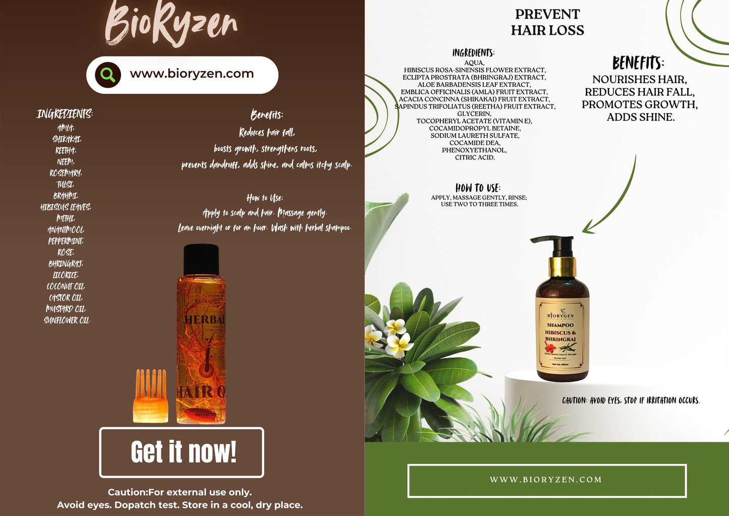BioRyzen HerbalHair Oil + Hibiscus & Bhringraj Shampoo Combo – Repair & Shine Ayurvedic Hair Care Set