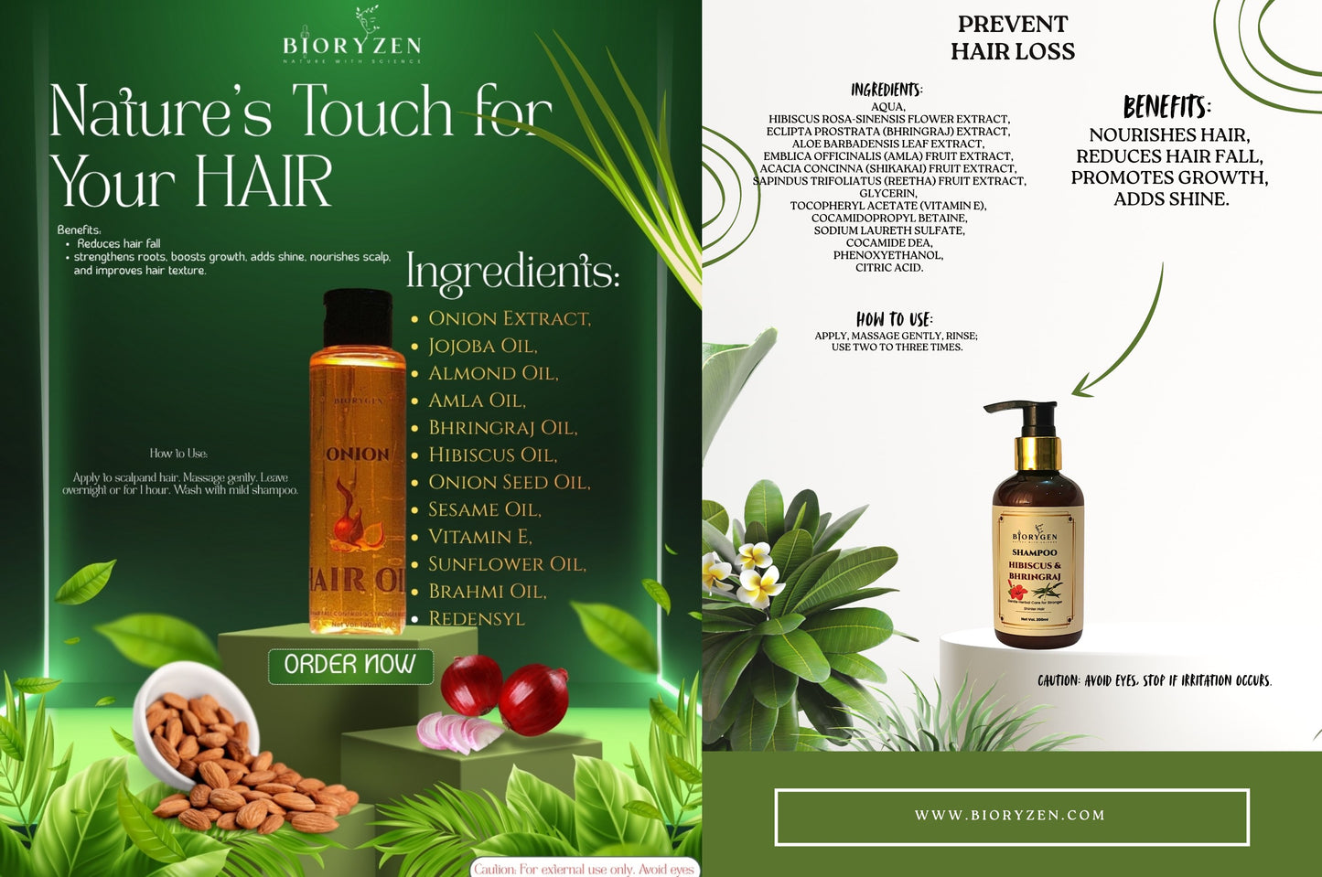 BioRyzen Onion Hair Oil + Hibiscus & Bhringraj Shampoo Combo – Repair & Regrowth Ayurvedic Pack