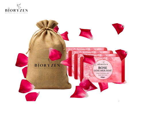 BioRyzen Rose Glycerin Handmade Soap – 100g (Combo 3+1 Free = 400gm) | Natural Moisturizing Ayurvedic Soap for Soft & Glowing Skin (With Jute Bag)
