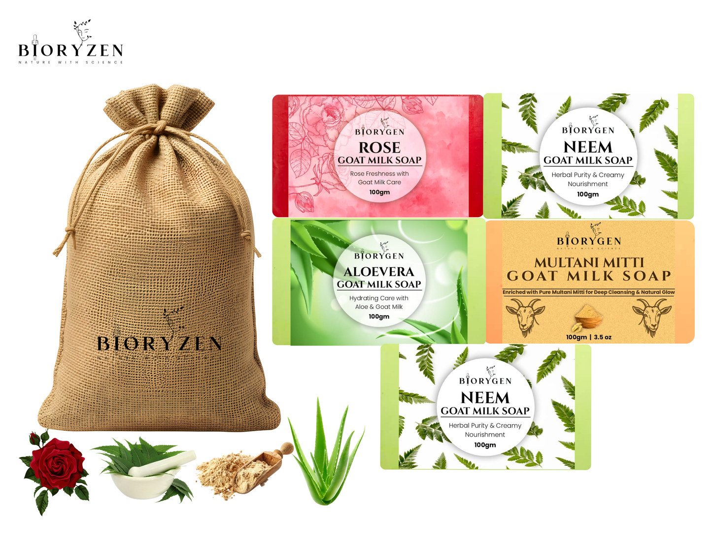 BioRyzen Handmade Ayurvedic Soap Combo 4+1 Free (Total 500g) Rose Glycerine, Neem Goat Milk, Aloe Vera Goat Milk, Multani Mitti Goat Milk Soap (With Jute Bag)