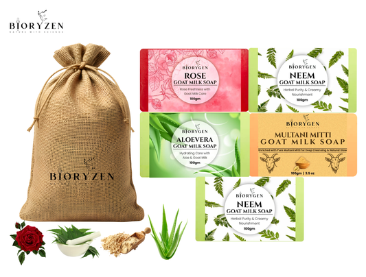 BioRyzen Handmade Ayurvedic Soap Combo 4+1 Free (Total 500g) Rose Glycerine, Neem Goat Milk, Aloe Vera Goat Milk, Multani Mitti Goat Milk Soap (With Jute Bag)