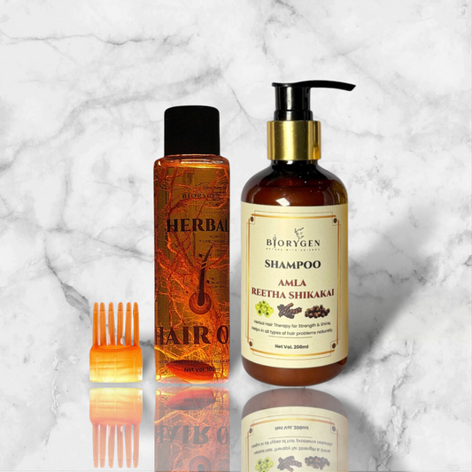 BioRyzen Herbal Hair Oil + Amla Reetha Shikakai Shampoo Combo – Natural Hair Growth & Strength Kit