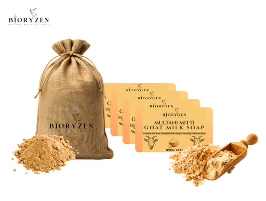 BioRyzen Multani Mitti Goat Milk Handmade Soap – 100g (Combo3+1 Free = 400gm) | Natural Clay & Milk Bathing Bar for Smooth & Radiant Skin (With Jute Bag)