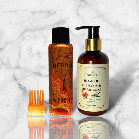 BioRyzen HerbalHair Oil + Hibiscus & Bhringraj Shampoo Combo – Repair & Shine Ayurvedic Hair Care Set