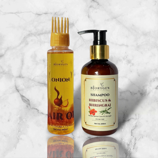 BioRyzen Onion Hair Oil + Hibiscus & Bhringraj Shampoo Combo – Repair & Regrowth Ayurvedic Pack
