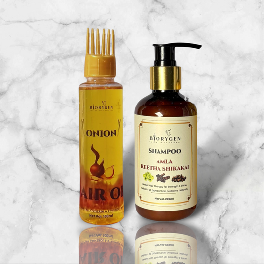 BioRyzen Onion Hair Oil + Amla Reetha Shikakai Shampoo Combo – Hair Fall Control & Shine Care Kit