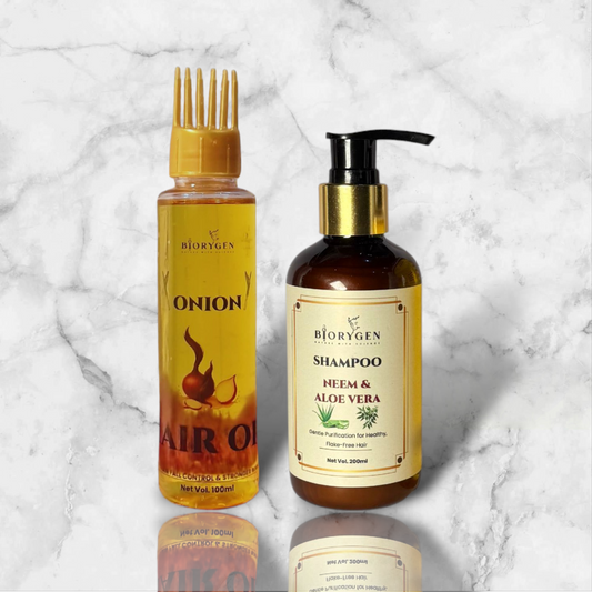 BioRyzen Onion Hair Oil + Neem & Aloe Vera Shampoo Combo – Anti Dandruff & Hair Growth Duo