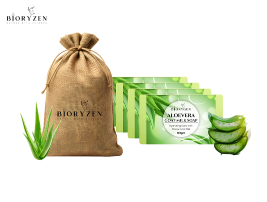 BioRyzen Aloe Vera Goat Milk Handmade Soap – 100g (Combo 3+1 Free = 400gm) | Soothing Herbal Moisturizing Soap for Soft & Healthy Skin (With Jute Bag)