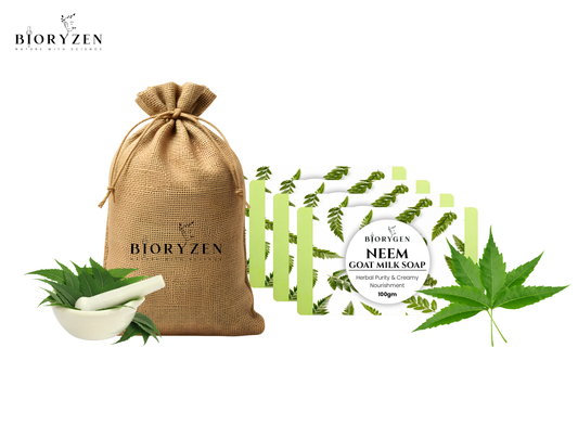 BioRyzen Neem Goat Milk Handmade Soap – 100g (Combo 3+1 Free = 400gm) | Herbal Antibacterial Ayurvedic Soap for Clear & Fresh Skin (With Jute Bag)