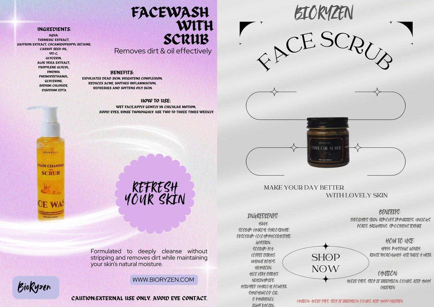 BioRyzen Haldi Chandan Face Wash with Scrub + Charcoal Scrub Combo (100ml + 100ml) | Glow & Detox Dual Exfoliating Skincare Pack