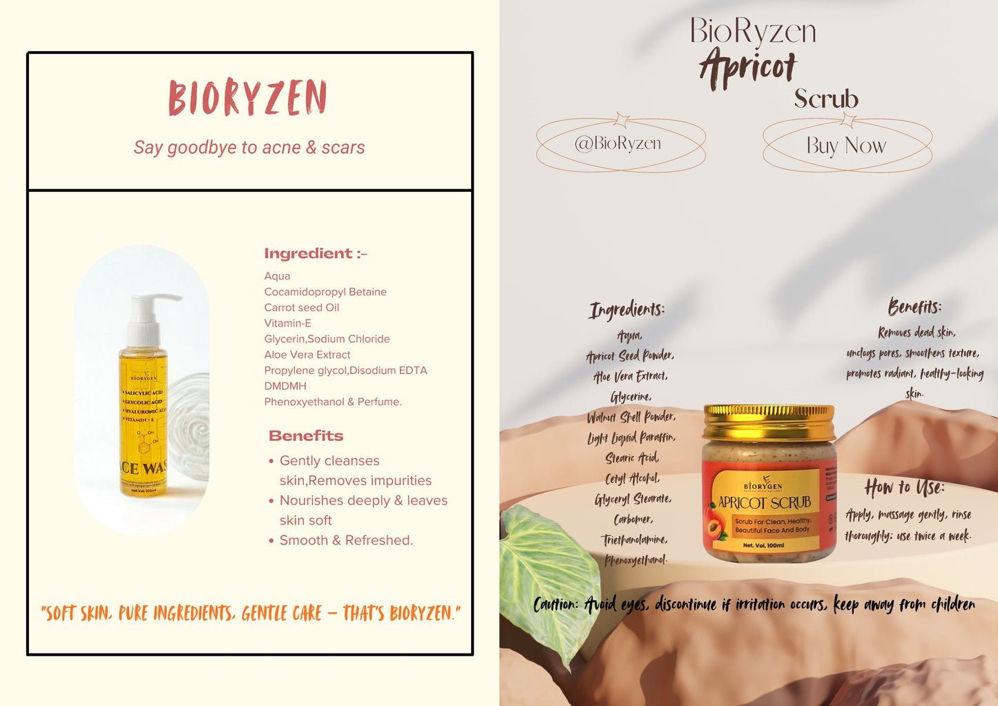 BioRyzen Salicylic, Hyaluronic, Glycolic Acid & Vitamin E Face Wash + Apricot Scrub Combo (100ml + 100ml) | Deep Cleansing & Exfoliating Skincare Set