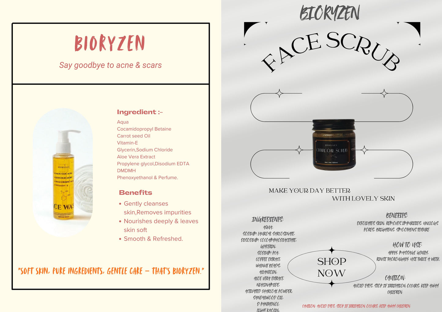 BioRyzen Salicylic Acid & Vitamin E Face Wash + Charcoal Deep Cleansing Scrub Combo (100ml + 100ml) | Oil Control & Detox Skincare Set