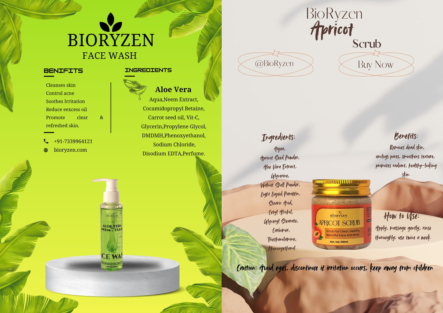 BioRyzen Aloe Vera Neem Tulsi Face Wash + Apricot Gentle Scrub Combo (100ml + 100ml) | Herbal Cleansing & Soft Skin Care Set