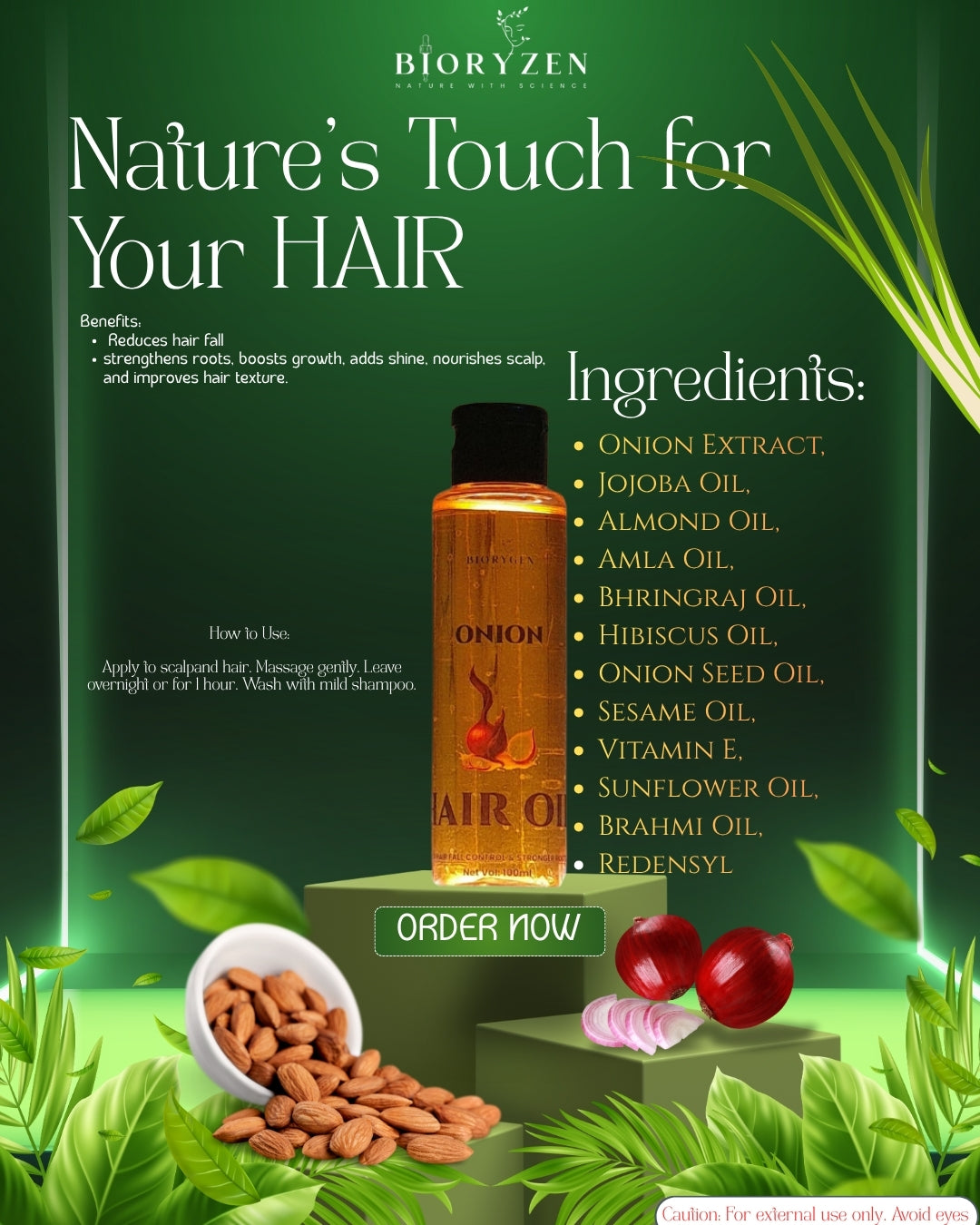 BioRyzen Red Onion Hair Oil – Hair Fall Control & Root Strengthening Ayurvedic Oil (100ml, with Comb Applicator)