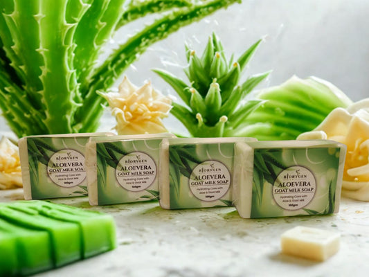 BioRyzen Aloe Vera Goat Milk Handmade Soap – 100g (Combo 3+1 Free = 400gm) | Soothing Herbal Moisturizing Soap for Soft & Healthy Skin