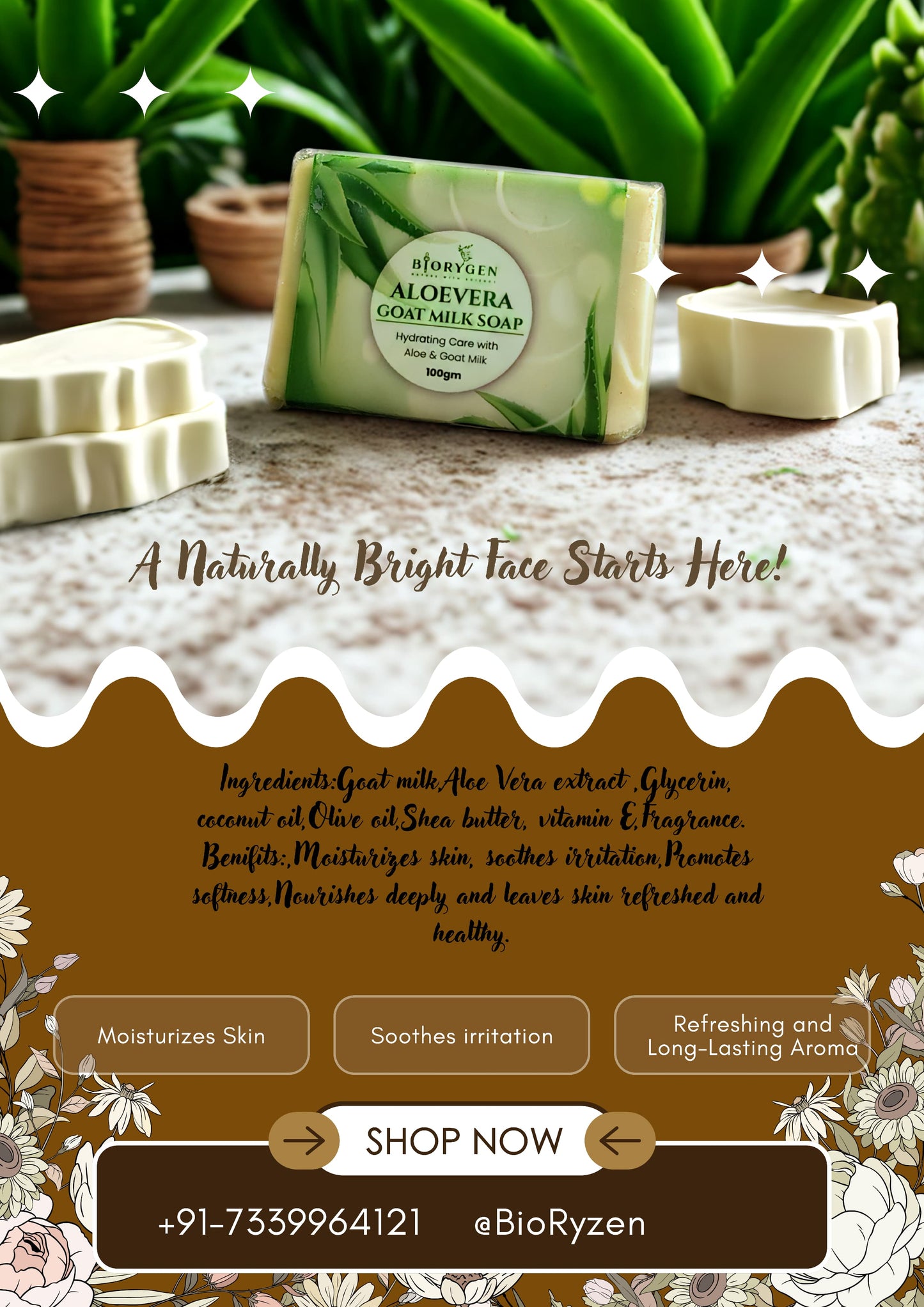 BioRyzen Aloe Vera Goat Milk Handmade Soap – 100g (Combo 3+1 Free = 400gm) | Soothing Herbal Moisturizing Soap for Soft & Healthy Skin