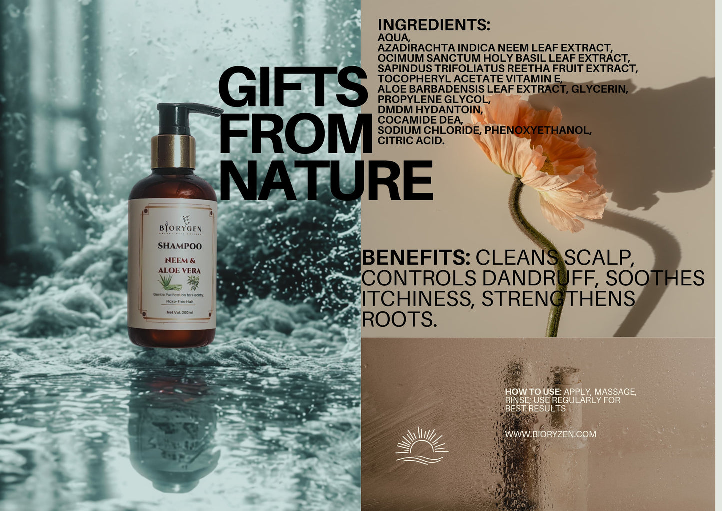 BioRyzen Neem & Aloe Vera Pearl Shampoo – Anti Dandruff, Scalp Purifying Natural Shampoo (200ml)