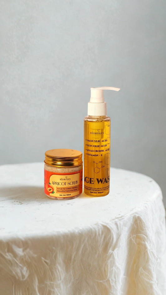 BioRyzen Salicylic, Hyaluronic, Glycolic Acid & Vitamin E Face Wash + Apricot Scrub Combo (100ml + 100ml) | Deep Cleansing & Exfoliating Skincare Set