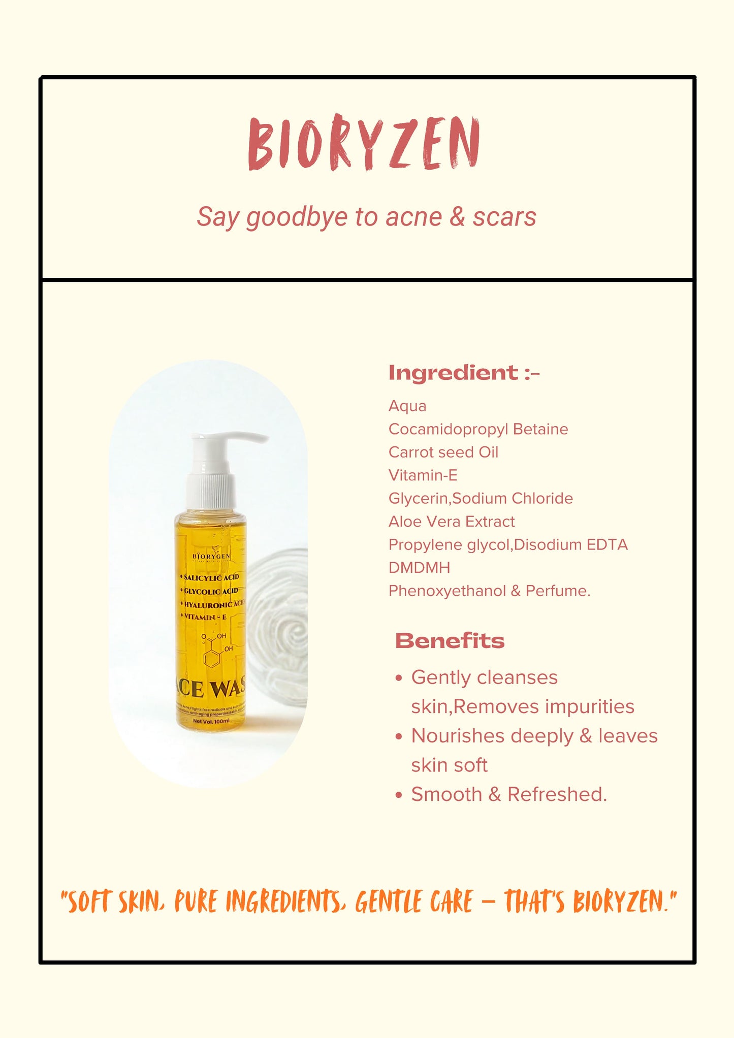 BioRyzen Salicylic Acid, Glycolic Acid, Hyaluronic Acid & Vitamin E Face Wash – 100ml | Deep Cleansing & Hydrating Daily Face Cleanse