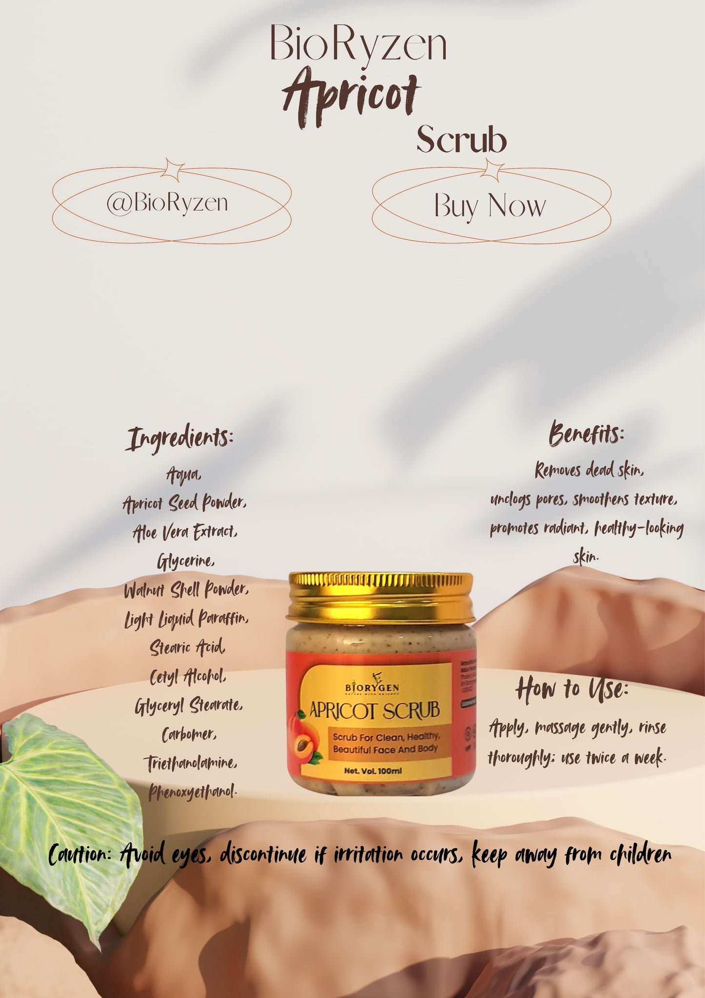 BioRyzen Apricot Gentle Face & Body Scrub – 100ml | Natural Exfoliating Herbal Scrub for Soft & Glowing Skin