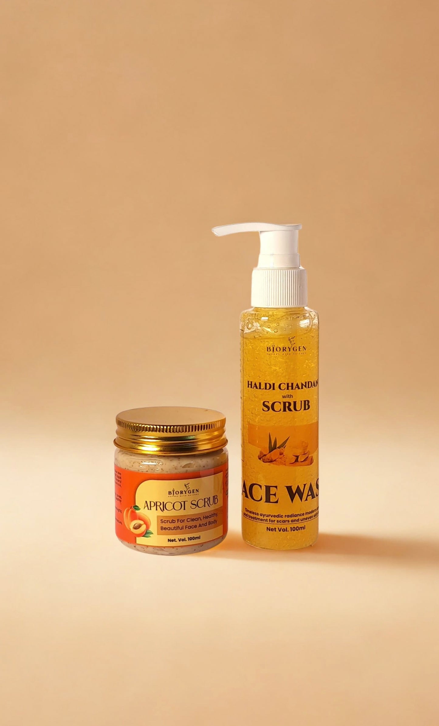 BioRyzen Haldi Chandan Face Wash with Scrub + Apricot Gentle Scrub Combo (100ml + 100ml) | Natural Glow & Exfoliation Set