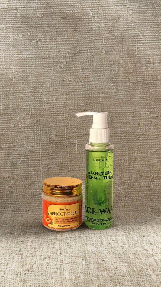 BioRyzen Aloe Vera Neem Tulsi Face Wash + Apricot Gentle Scrub Combo (100ml + 100ml) | Herbal Cleansing & Soft Skin Care Set