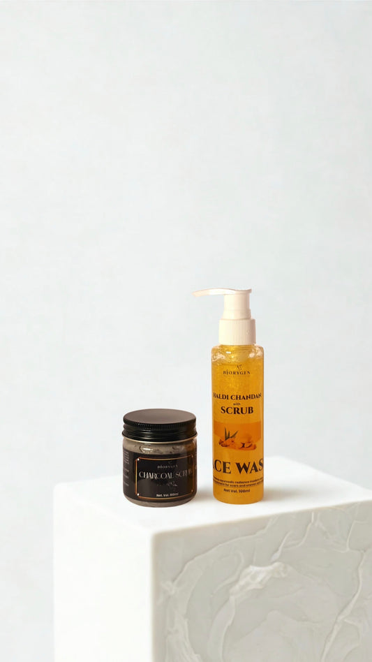 BioRyzen Haldi Chandan Face Wash with Scrub + Charcoal Scrub Combo (100ml + 100ml) | Glow & Detox Dual Exfoliating Skincare Pack