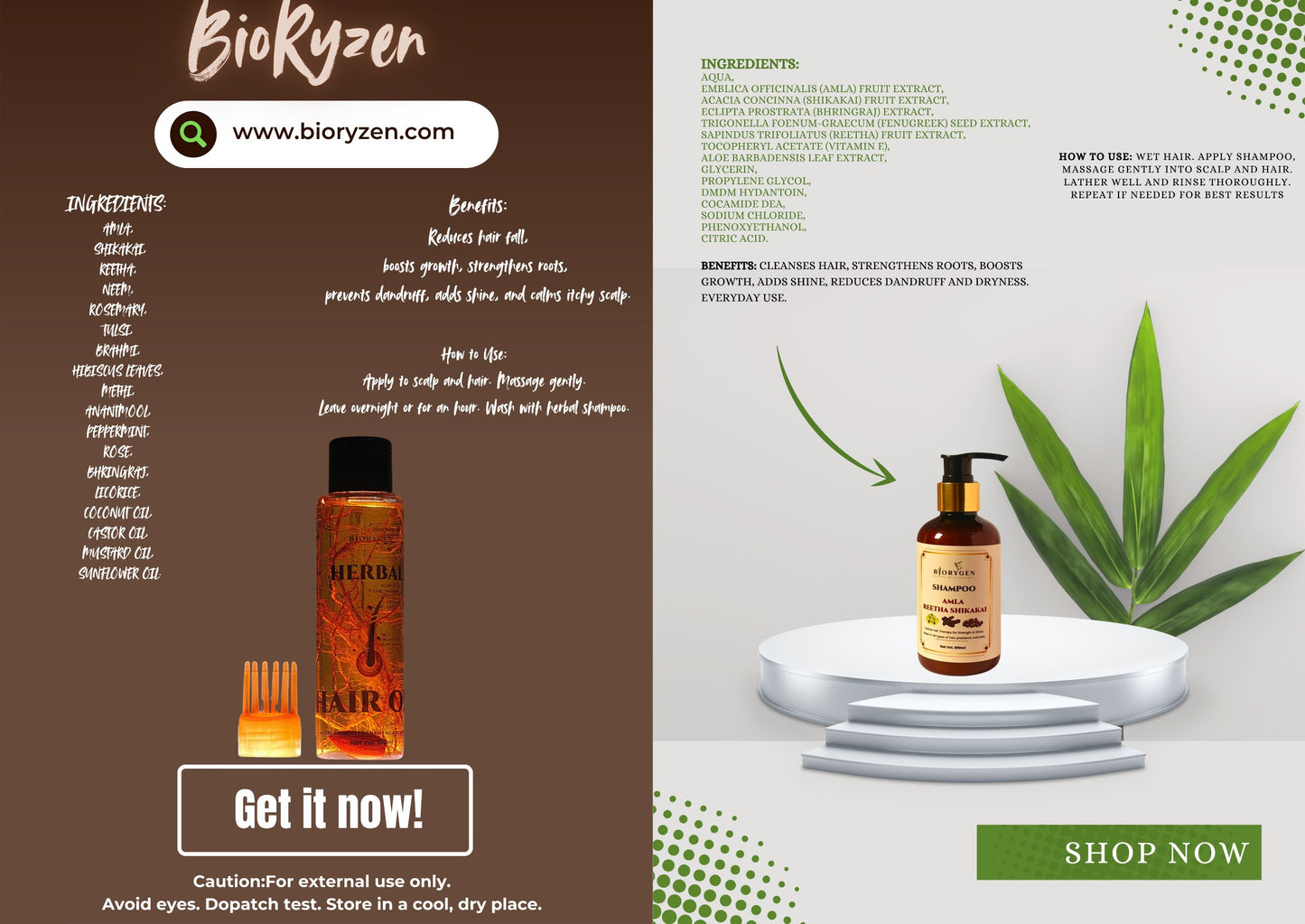 BioRyzen Herbal Hair Oil + Amla Reetha Shikakai Shampoo Combo – Natural Hair Growth & Strength Kit