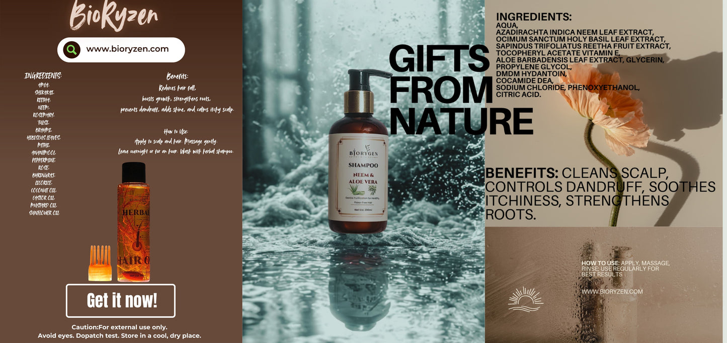 BioRyzen Herbal Hair Oil + Neem & Aloe Vera Shampoo Combo – Dandruff Control & Scalp Purifying Pack