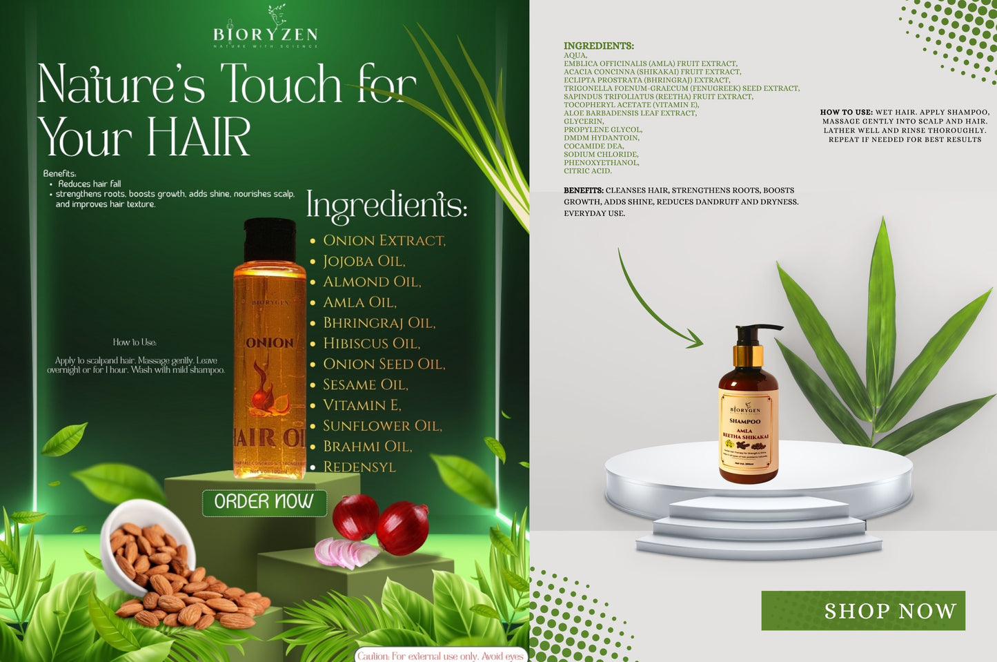 BioRyzen Onion Hair Oil + Amla Reetha Shikakai Shampoo Combo – Hair Fall Control & Shine Care Kit
