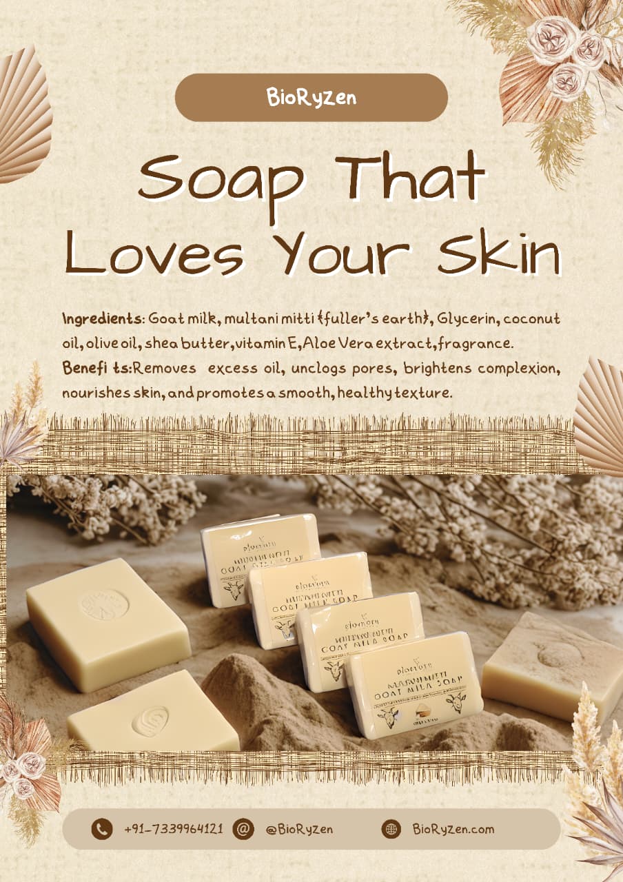 BioRyzen Multani Mitti Goat Milk Handmade Soap – 100g (Combo3+1 Free = 400gm) | Natural Clay & Milk Bathing Bar for Smooth & Radiant Skin