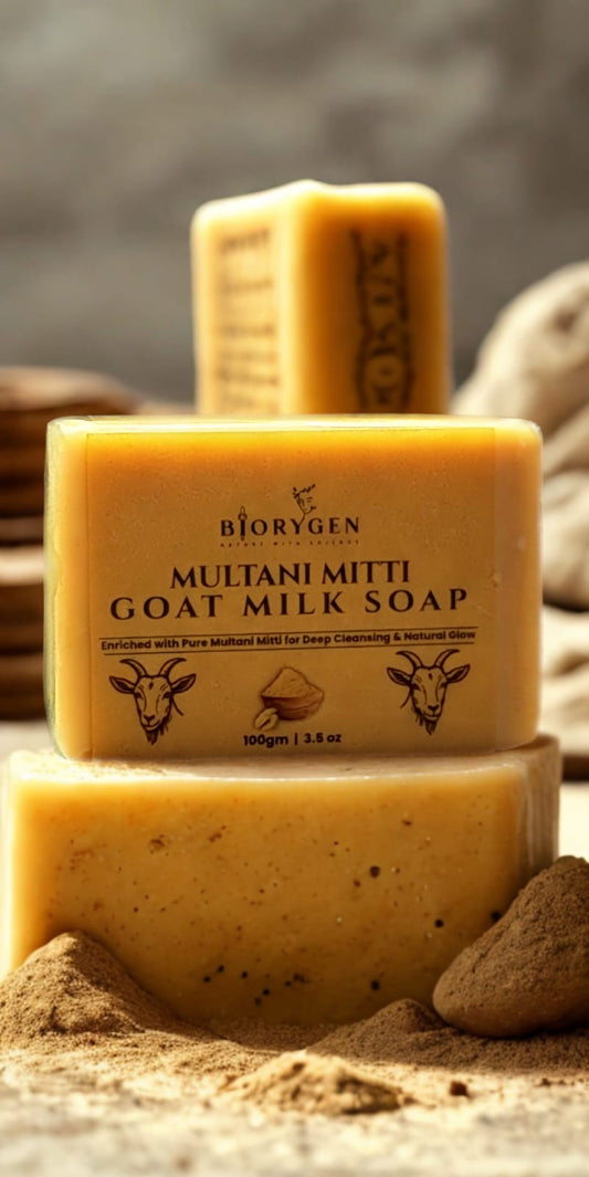 BioRyzen Multani Mitti Goat Milk Handmade Soap – 100g (Combo3+1 Free = 400gm) | Natural Clay & Milk Bathing Bar for Smooth & Radiant Skin