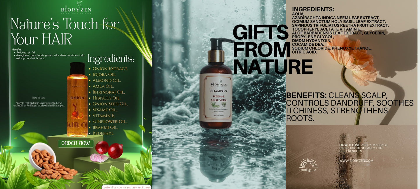 BioRyzen Onion Hair Oil + Neem & Aloe Vera Shampoo Combo – Anti Dandruff & Hair Growth Duo