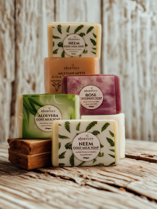 BioRyzen Handmade Ayurvedic Soap Combo 4+1 Free (Total 500g) Rose Glycerine, Neem Goat Milk, Aloe Vera Goat Milk, Multani Mitti Goat Milk Soap