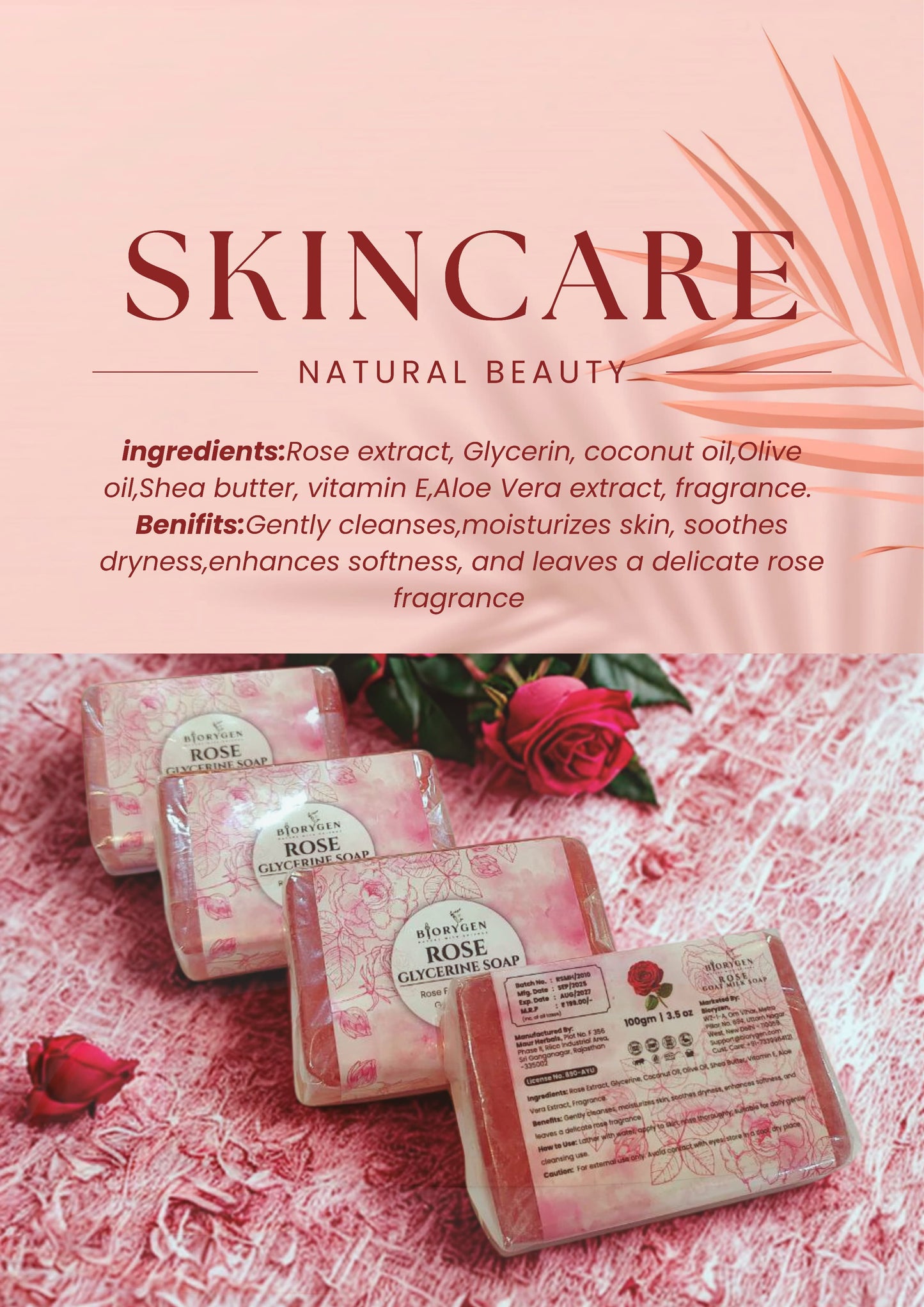 BioRyzen Rose Glycerin Handmade Soap – 100g (Combo 3+1 Free = 400gm) | Natural Moisturizing Ayurvedic Soap for Soft & Glowing Skin