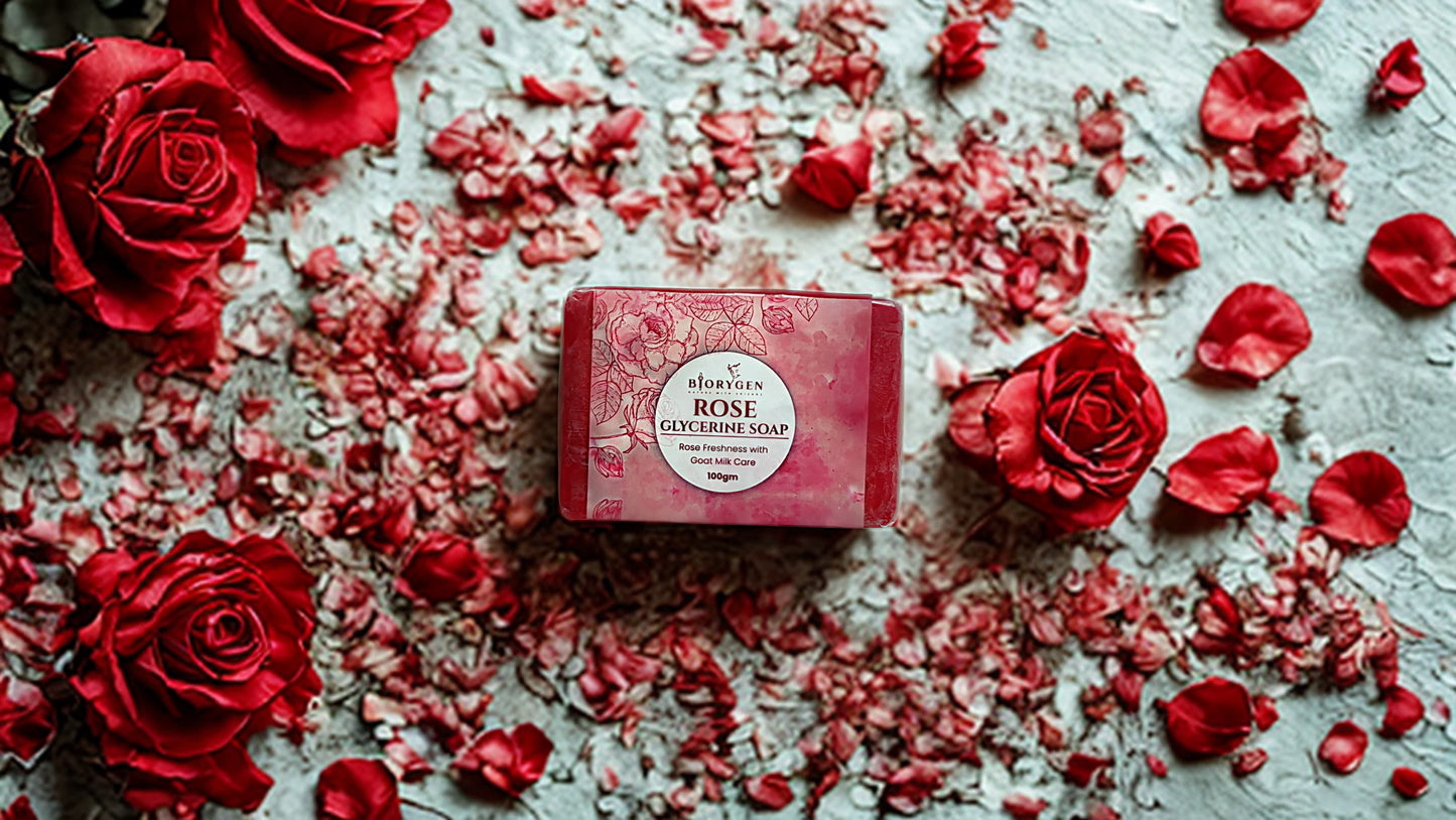 BioRyzen Rose Glycerin Handmade Soap – 100g (Combo 3+1 Free = 400gm) | Natural Moisturizing Ayurvedic Soap for Soft & Glowing Skin